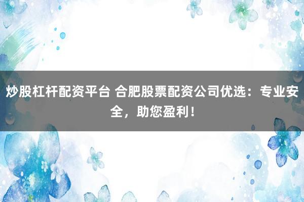 炒股杠杆配资平台 合肥股票配资公司优选：专业安全，助您盈利！